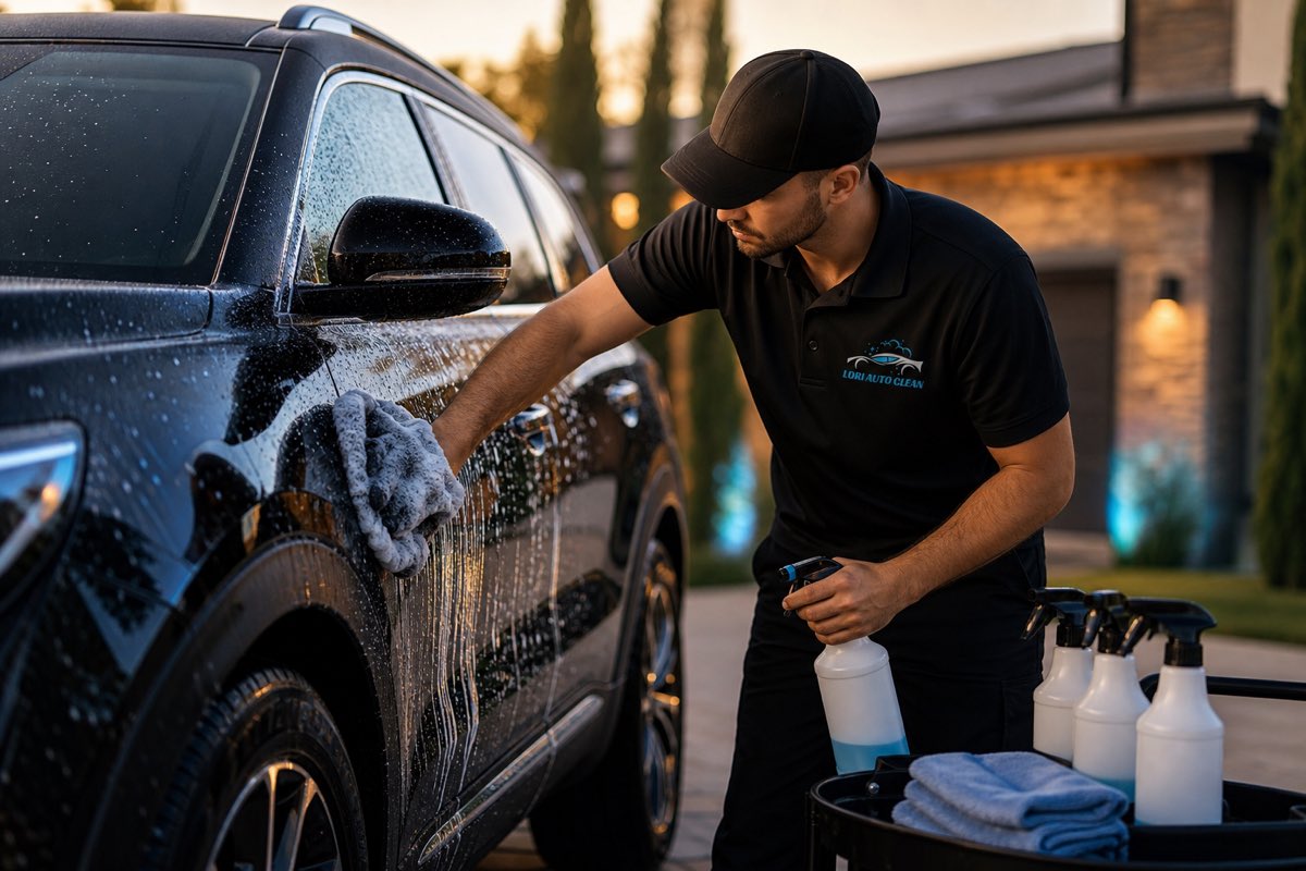 Lori Auto Clean technician hand-washing a glossy luxury SUV in a Vancouver driveway
